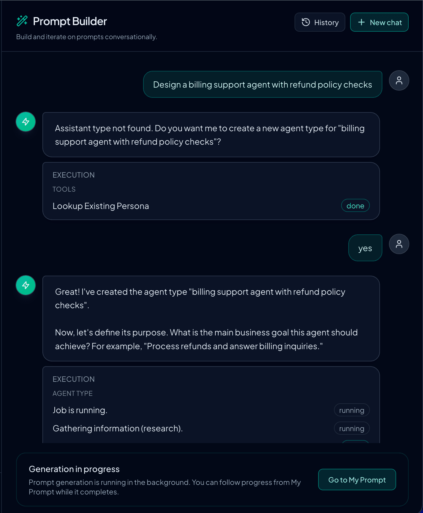 Conversational Agent Builder showing a guided agent creation session.