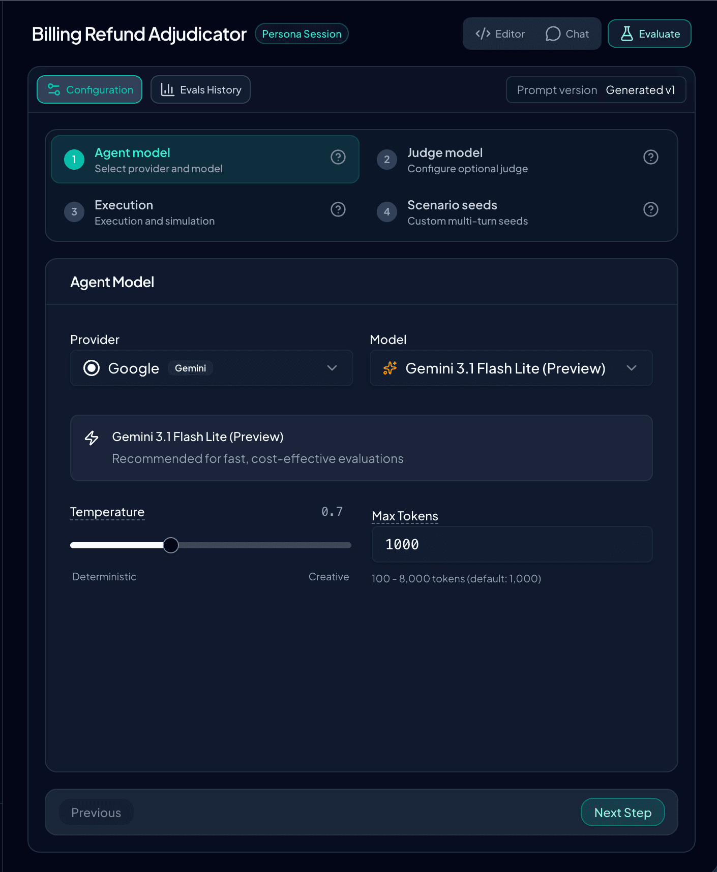 Evaluation results screen showing prompt quality checks and scoring.