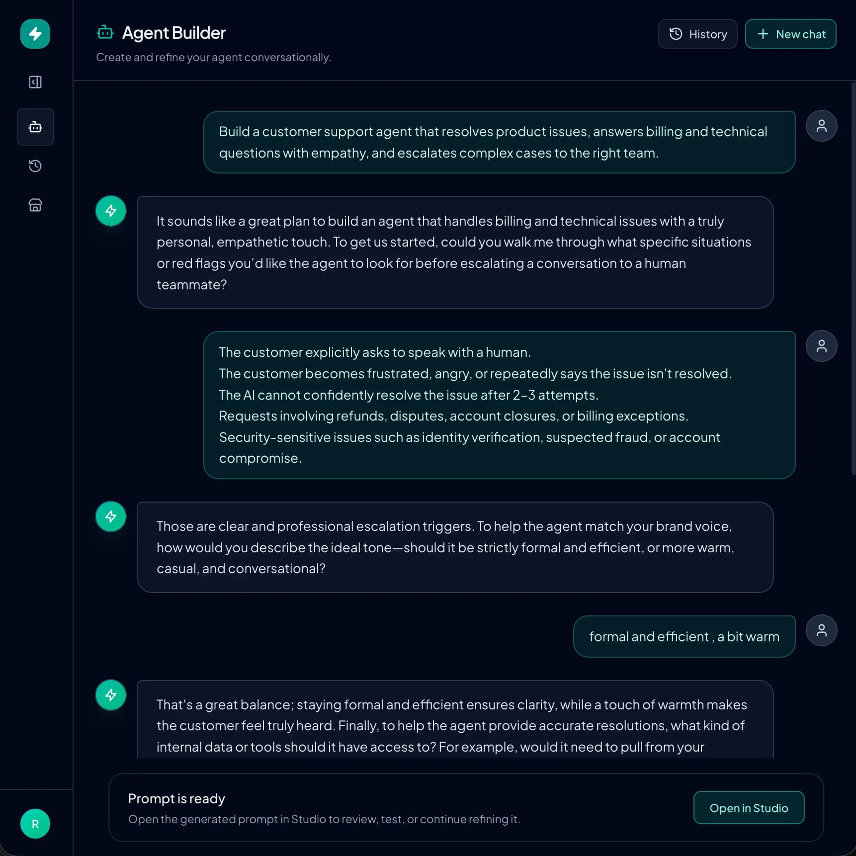 Conversational Agent Builder showing a guided agent creation session.