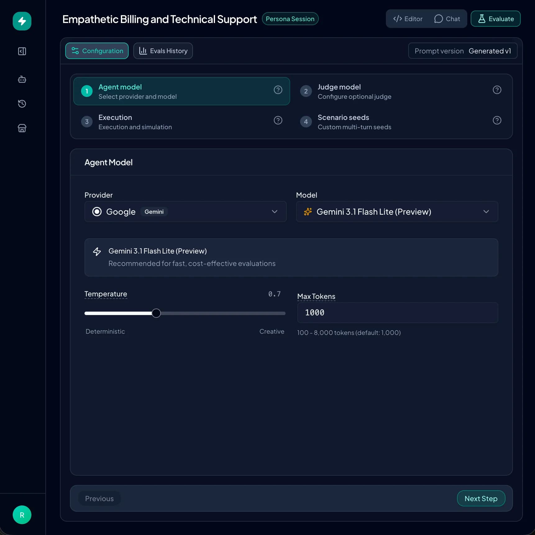 Evaluation results screen showing prompt quality checks and scoring.