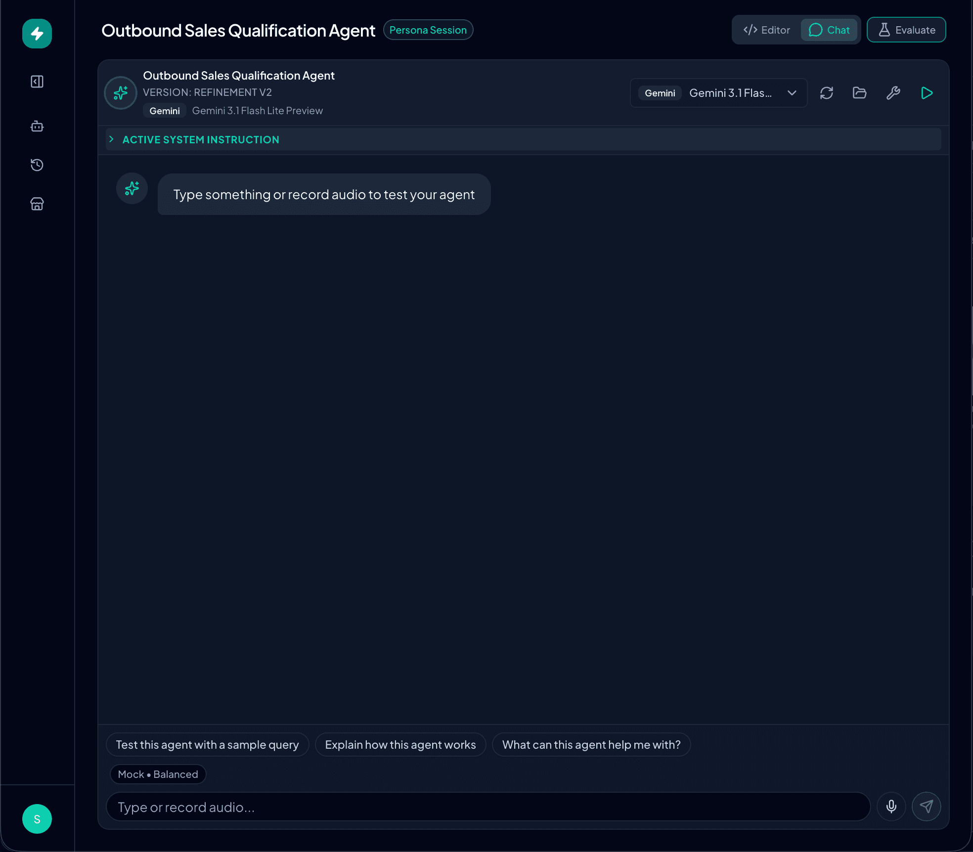 Studio Chat panel for testing the agent with sample queries.